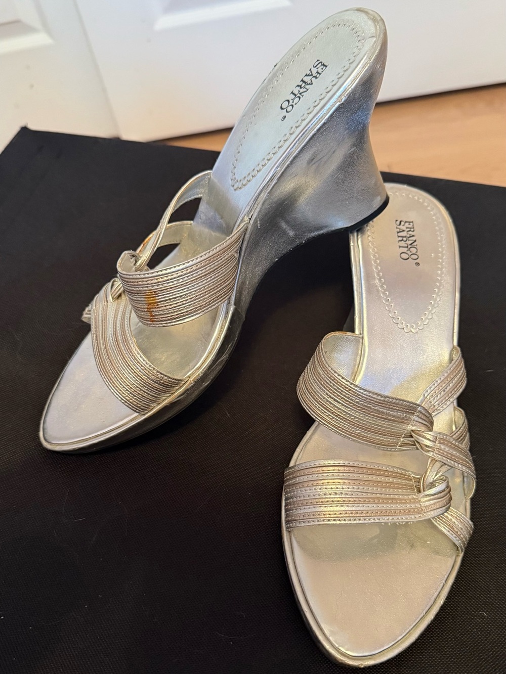 Franco Sarto Metallic Leather Silver Wedge Sandals